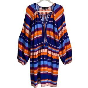 Eloquii Striped Mini Dress Sz 22 Tie Neck Tassels Long Balloon Sleeves Colorful